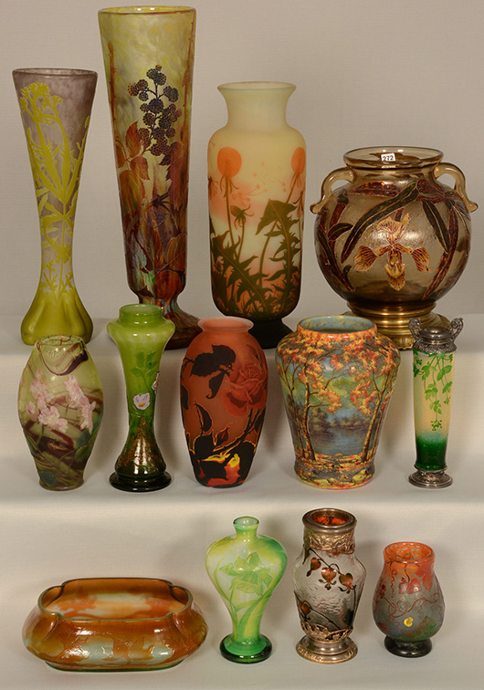 Fans of French cameo glass will be interested with the selection and variety in the auction. Woody Auction image.